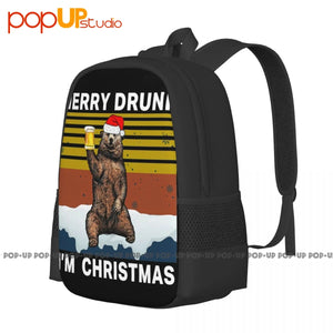 Bear Beer Merry Drunk Im Christmas Backpack Large Capacity Art Print Storage Bag