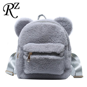 Fuzzy Bear Ears Plush Women Backpack - Winter Shoulder Bag