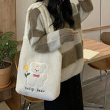 Bear Pattern Large Capacity Tote Bag Solid Plush Cartoon Peach Shoulder Bag