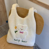 Bear Pattern Large Capacity Tote Bag Solid Plush Cartoon Peach Shoulder Bag