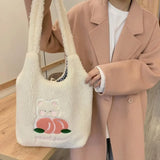 Bear Pattern Large Capacity Tote Bag Solid Plush Cartoon Peach Shoulder Bag