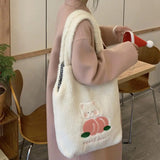 Bear Pattern Large Capacity Tote Bag Solid Plush Cartoon Peach Shoulder Bag