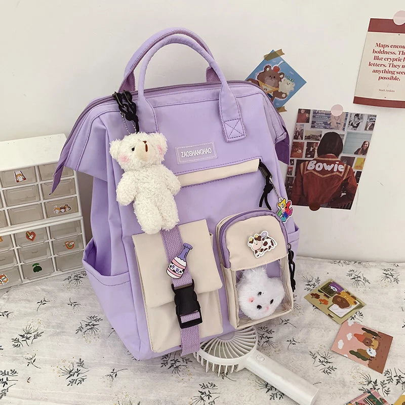 Bear Pendant Waterproof Candy Colors Backpack for Teenage Girl