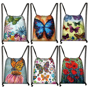 Butterfly Floral Backpack Women Storage Bags for Travel Ladies Drawstring Bags