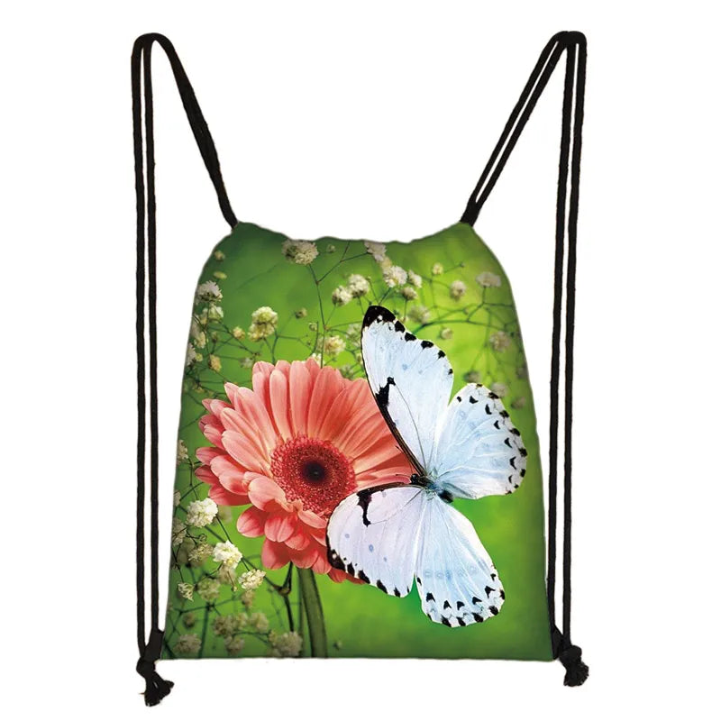 Butterfly Print Drawstring Bag Women Storage Bags Casual Softback Backpack