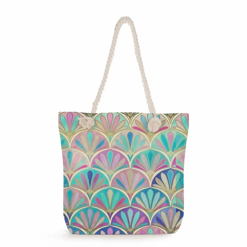 Flower Plant Print Women Handbag Tote Beach Bag Green Leaves Flamingo