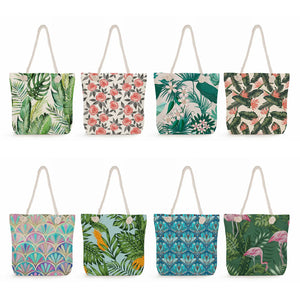 Flower Plant Print Women Handbag Tote Beach Bag Green Leaves Flamingo