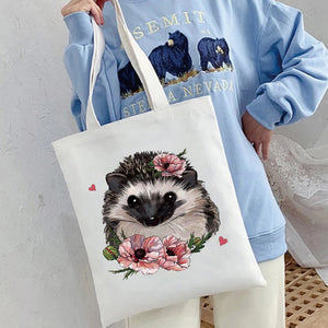 Hedgehog Flower Printed Handbags Women Shoulder Bags Casual Canvas Shopping Girl