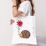 Hedgehog Flower Printed Handbags Women Shoulder Bags Casual Canvas Shopping Girl