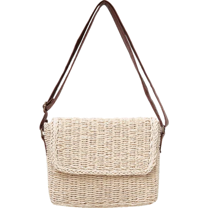 Beige Brown Ladies Shoulder Straw Bag Mini Woven Flip Sweet Pastoral Girls Bag