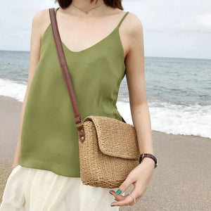Beige Brown Ladies Shoulder Straw Bag Mini Woven Flip Sweet Pastoral Girls Bag