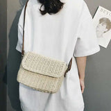 Beige Brown Ladies Shoulder Straw Bag Mini Woven Flip Sweet Pastoral Girls Bag