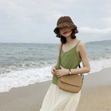 Beige Brown Ladies Shoulder Straw Bag Mini Woven Flip Sweet Pastoral Girls Bag