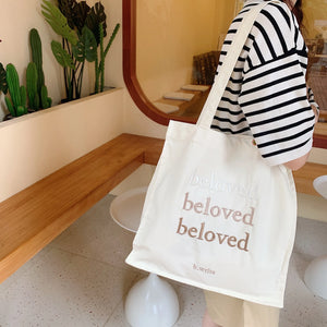 Beloved Letter Embroidered Women Canvas Tote Bag Large Shopping Bag