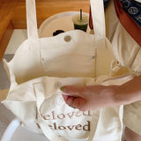 Beloved Letter Embroidered Women Canvas Tote Bag Large Shopping Bag