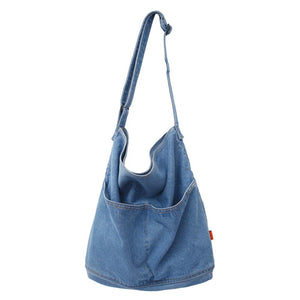 Denim Fabric Hobo Shoulder Bag Student Jeans Large Slouchy Pouch