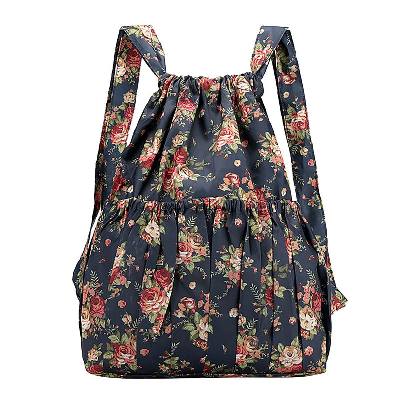 Vintage Drawstring Backpack Large Capacity Flower Waterproof Nylon Rucksack