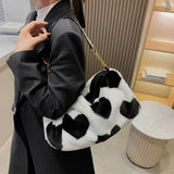 Floral Pattern Plush Shoulder Bag for Women Winter Crossbody Handbags