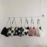Floral Pattern Plush Shoulder Bag for Women Winter Crossbody Handbags