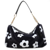 Floral Pattern Plush Shoulder Bag for Women Winter Crossbody Handbags