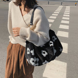 Floral Pattern Plush Shoulder Bag for Women Winter Crossbody Handbags