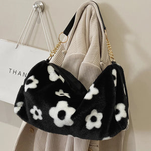 Floral Pattern Plush Shoulder Bag for Women Winter Crossbody Handbags