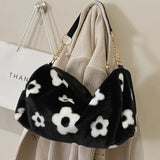 Floral Pattern Plush Shoulder Bag for Women Winter Crossbody Handbags
