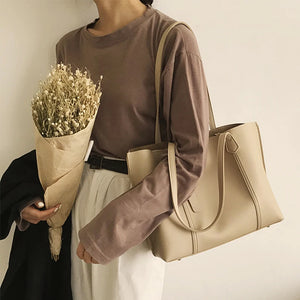 Large Capacity Tote Bags Solid PU Leather Shoulder Bag Female Zipper Bolsa