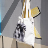 Plaid Bow Canvas Shoulder Bag Zipper Large Capacity Totes Bag Harajuku Style