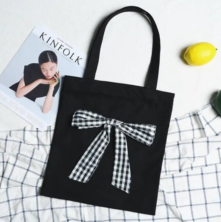 Plaid Bow Canvas Shoulder Bag Zipper Large Capacity Totes Bag Harajuku Style