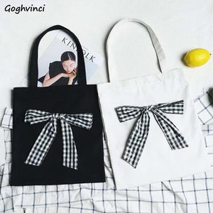 Plaid Bow Canvas Shoulder Bag Zipper Large Capacity Totes Bag Harajuku Style