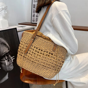 Straw Bucket Bag Women Weave Beach Basket Handbag