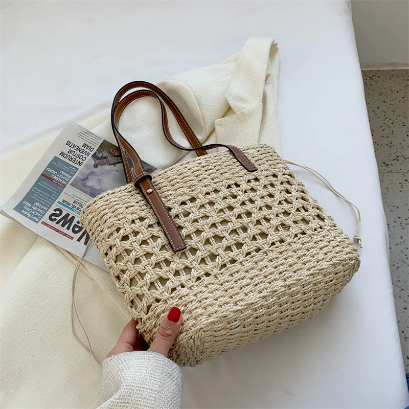 Straw Bucket Bag Women Weave Beach Basket Shoulder Bags