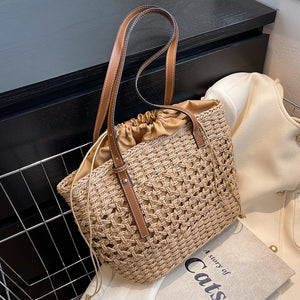 Straw Bucket Bag Women Weave Beach Basket Shoulder Bags