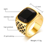 Square Agate Gemstone Ring for Men Titanium Stainless Steel Solid Jewelry