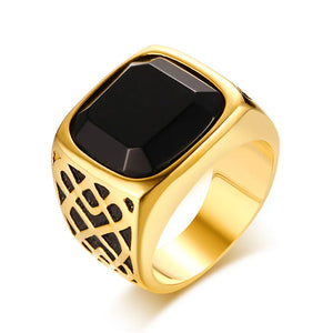 Square Agate Gemstone Ring for Men Titanium Stainless Steel Solid Jewelry