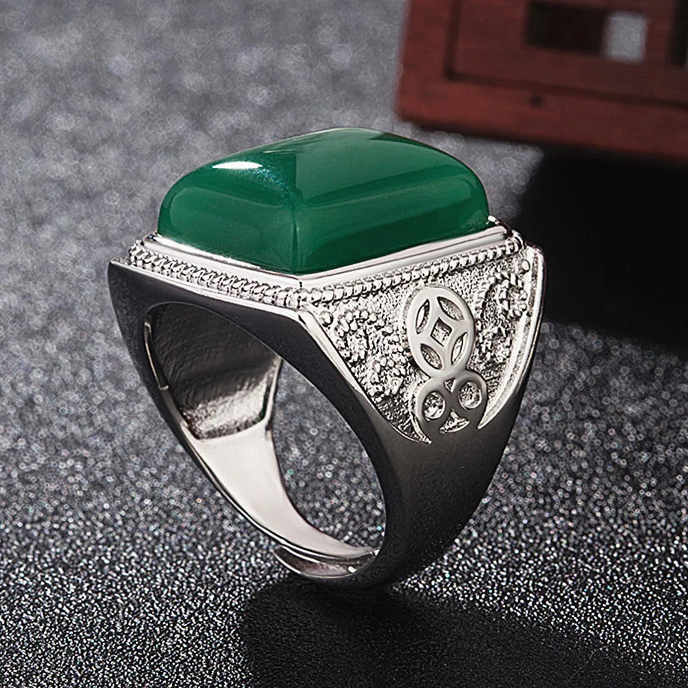 Vintage Carving Green Jade Men's Ring Silver Jewelry