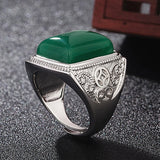 Vintage Carving Green Jade Men's Ring Silver Jewelry