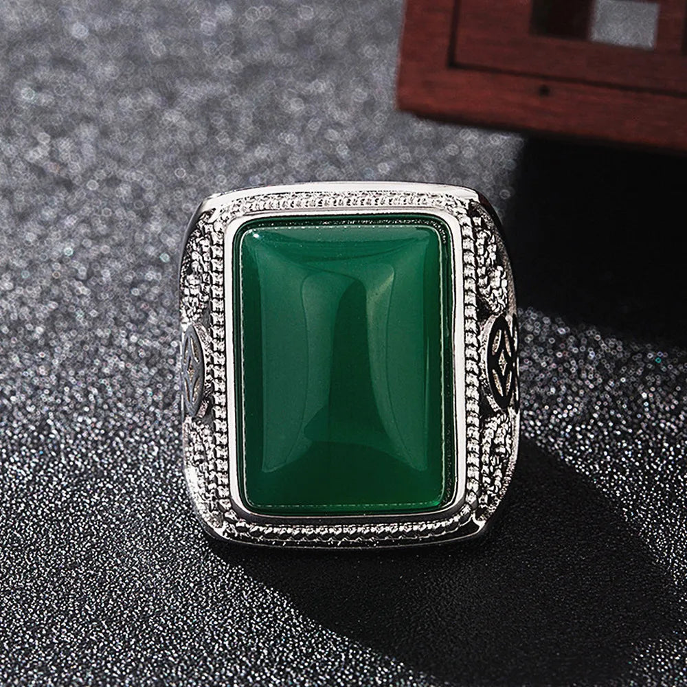 Vintage Carving Green Jade Men's Ring Silver Jewelry