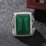 Vintage Carving Green Jade Men's Ring Silver Jewelry