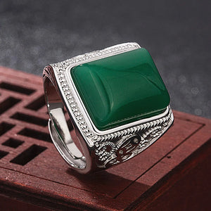 Vintage Carving Green Jade Men's Ring Silver Jewelry