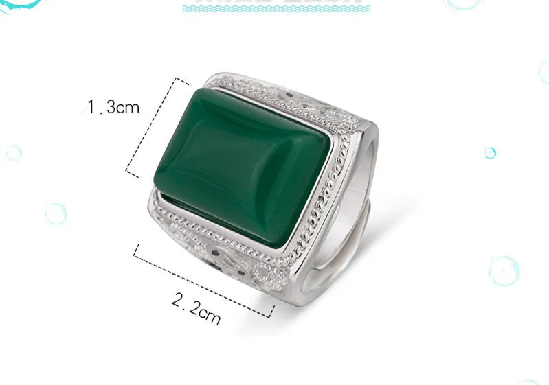 Vintage Carving Green Jade Men's Ring Silver Jewelry