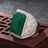Vintage Carving Green Jade Men's Ring Silver Jewelry