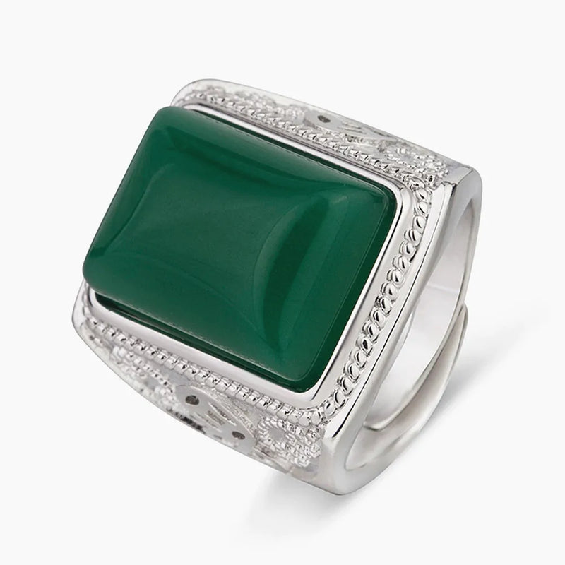 Vintage Carving Green Jade Men's Ring Silver Jewelry
