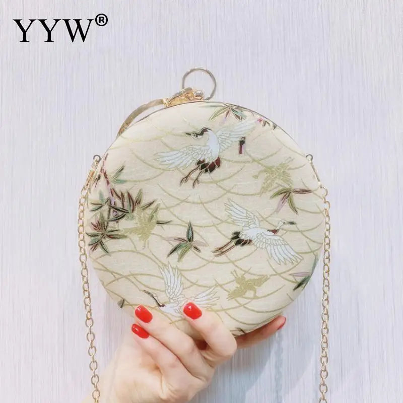 Bird Pattern Evening Party Clutch Bag with Rhinestone Handle