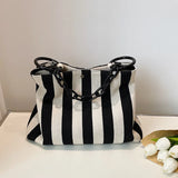 Stripes Canvas Shoulder Bag Women Tote Female Handbags