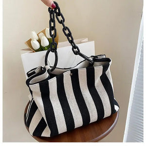 Stripes Canvas Shoulder Bag Women Tote Female Handbags