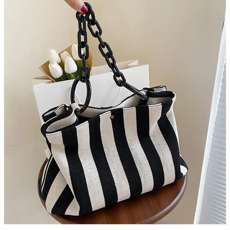 Stripes Canvas Shoulder Bag Women Tote Female Handbags