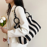 Stripes Canvas Shoulder Bag Women Tote Female Handbags