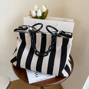 Stripes Canvas Shoulder Bag Women Tote Female Handbags